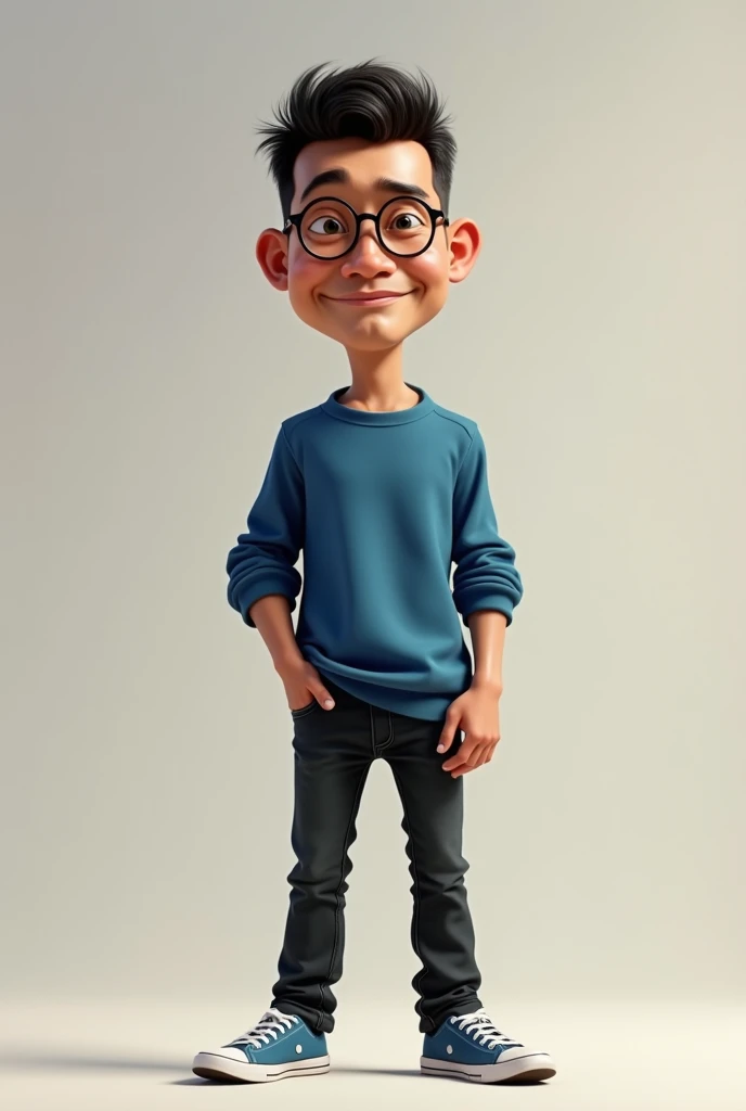 Caricature 4D.  indonesian man 30 years old . Black Short Hair Wearing Glasses  .  Clothing Long Shirt Blue Color Casual. black jeans. sports shoes  .standing looking at the camera  . realistic focus  