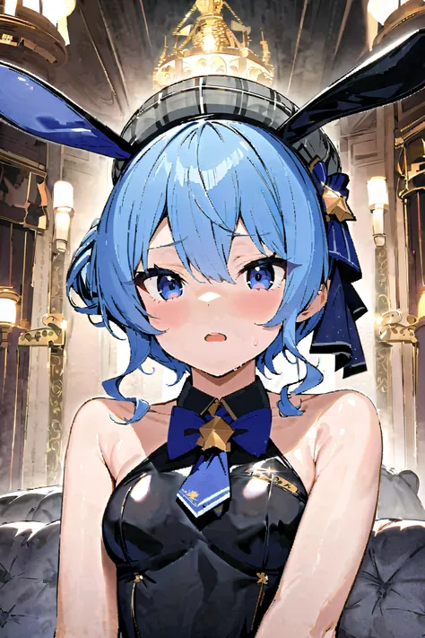 NSFW,masterpiece, best quality, high definition , Very detailed, Hoshimachi Suisei( hololive ),Small breasts, Playboy Bunny,Luxurious mansion,bar, chandeliers ,Sulky face