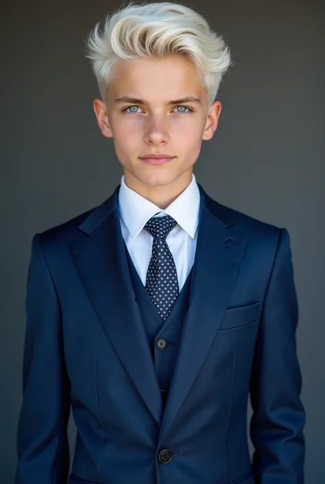 Adolescent Countries in Russia Ages Skin Color :   white hair Big white hair on both sides Light blue eyes Height 1 , 57 tall Photo standing blue luxury suit Tie Very handsome boy
Shoulders carrying 