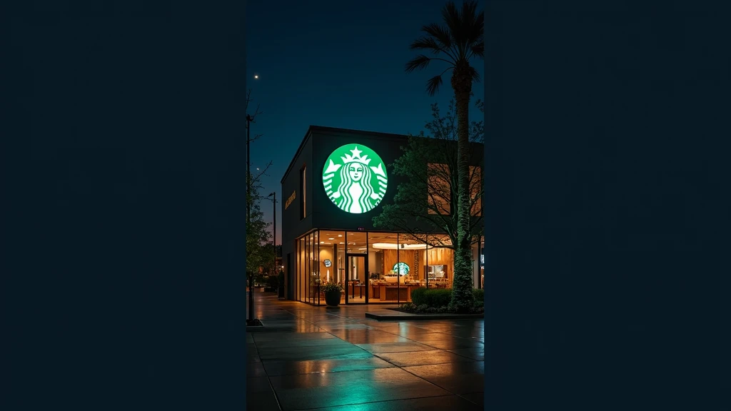 Futuristic Starbucks Stores Overseas 。 at night and the lights with the letters on the sign stand out。The inside of the store can be seen slightly 、From an oblique angle、 high definition ,  glitter effect, 