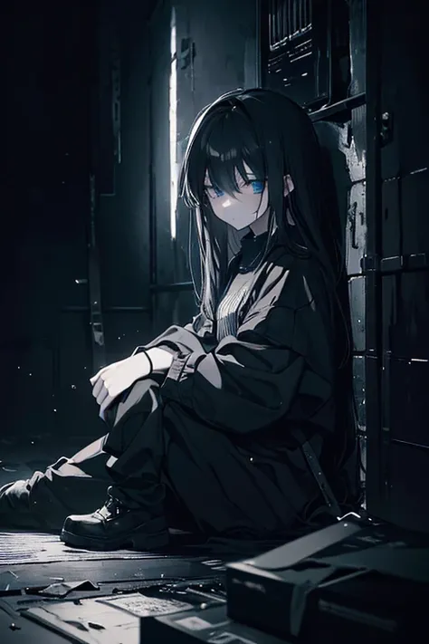 a young woman with long dark hair, sad expression, sitting alone in a dark room, self-harm scars on her wrists, dramatic lighting, gritty and moody atmosphere, muted color palette, realistic painting style, high level of detail, cinematic composition, emot...