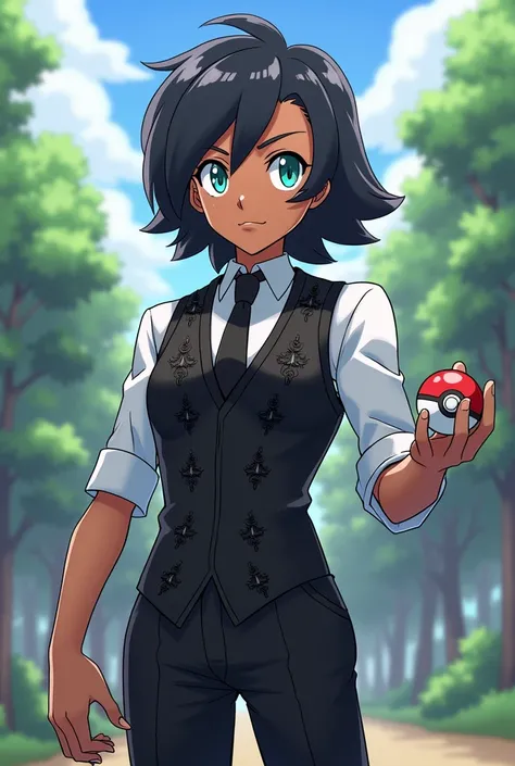  Make the coat have black thunder details on it , young adult,  in the style of the game : Pokemon X e Y, following the following instructions .  Make it look like an adult .  Make him have brown skin .  Make the character with dark hair .  Make the charac...