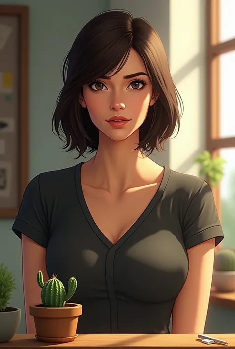 A tall teacher, aged 40,with dark brown straight short hair down to her shoulders and dark brown eyes, thin lips, prominent facial features, a bit serious looking and a mole next to her lip. There is a window in the background and two small cactuses in fro...