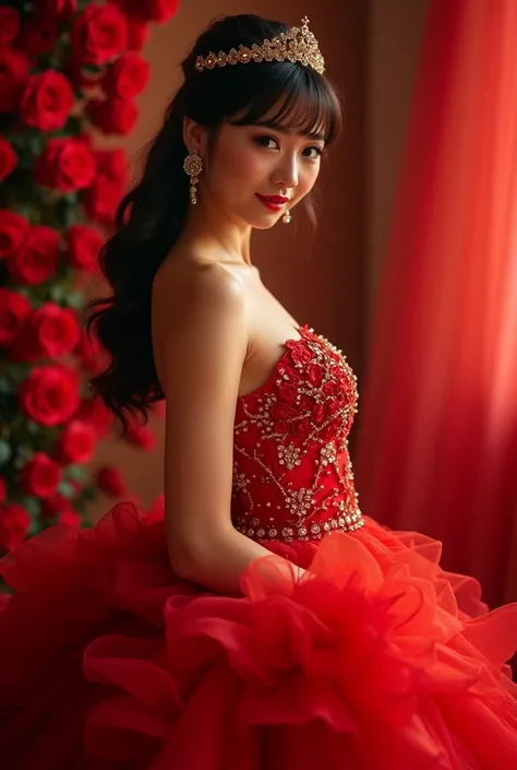 A real photo of a beautiful Filipina woman with regal beauty, with a classy hairstyle with fringe and a golden tiara, wearing a luxurious beautiful red ball gown with studs, standing sideways, facing and looking at the camera, shes smiling sweetly smiling,...