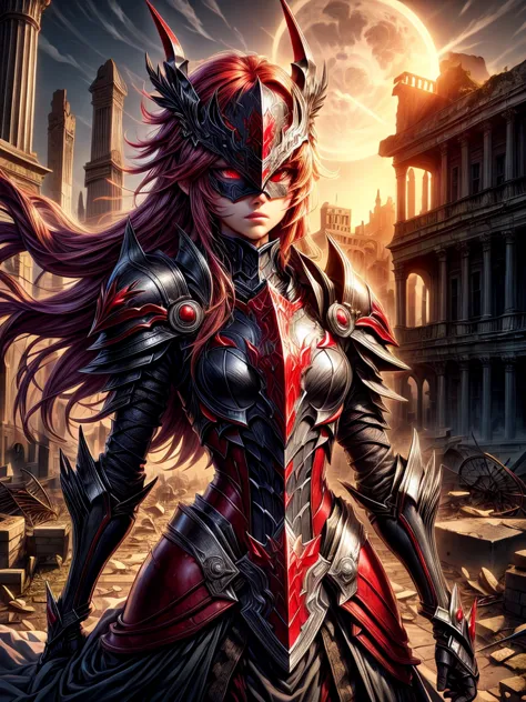 brilliant scarlet red-eyed female dark knight in mask with ruins in the moonlight background