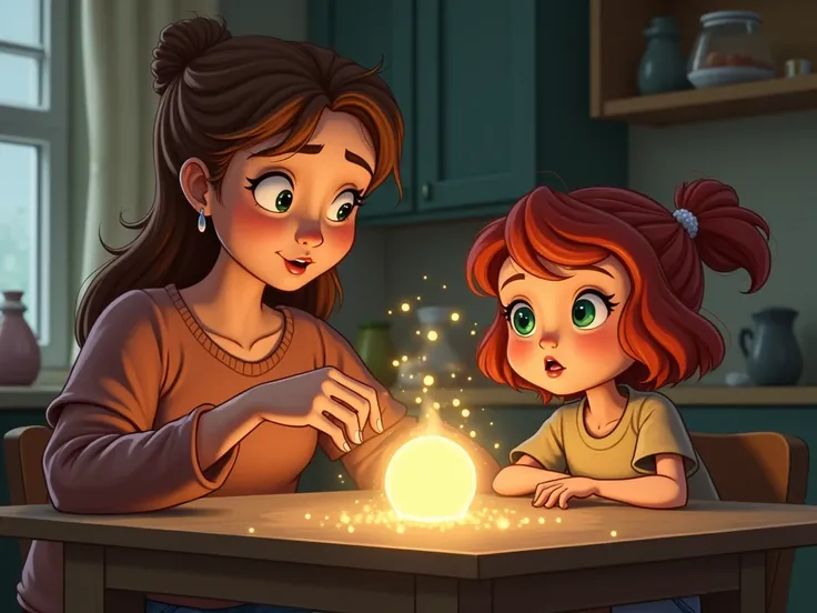  An older woman with adult brown hair with a gentle face,  showing magic to a girl with red hair and green eyes ,  next to her brother with red hair and green eyes . sitting at the kitchen table ,  watching in fascination the creations of the lullaby . ema...