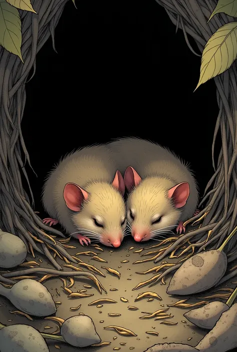 Illustration comic book style realistic small doormice sleeping in a hole, dark soroundings, dry leaves and hay