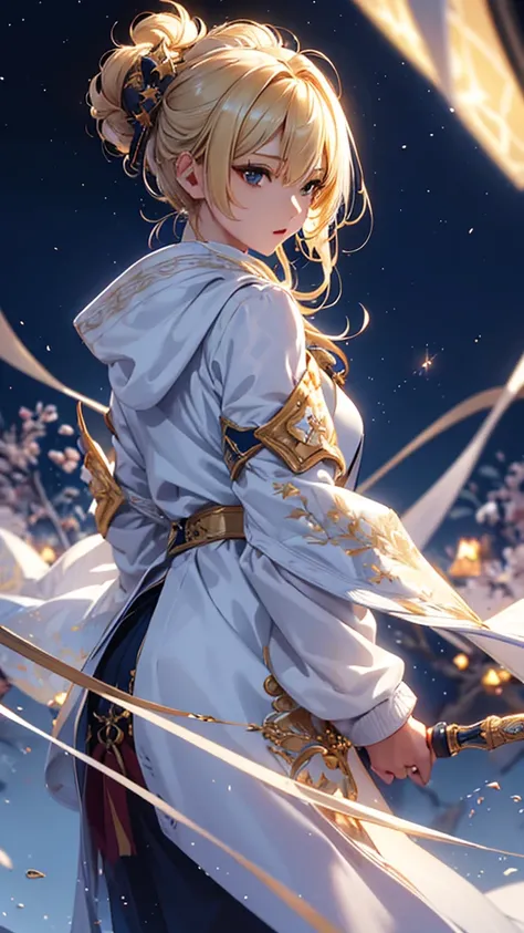 masterpiece,      High Quality     , 4K, Beautiful design, blonde， 非常に詳細な夜の     starry sky     , Illuminations，    amazing,     delicate details,  Very knowledgeable woman     , Highly detailed solo, 1 female,Big Breasts，Stole，   white jacket  ，sweater，   ...