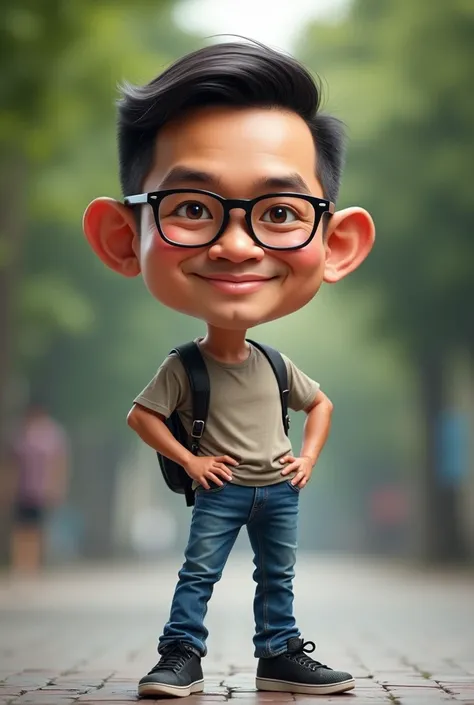 Caricature 4D. Indonesian man 40 years old with short hair wearing blue glasses black jeans sports shoes .  standing facing the camera  .realistic focus  