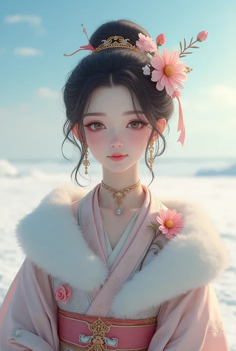 An elegant young lady playing on a winter prairie on a clear day, do Japanese decorations with a pretty face look cheap? Actually, they are quite expensive, have beautiful eyes, face the front and smile, full body Lolita clothes