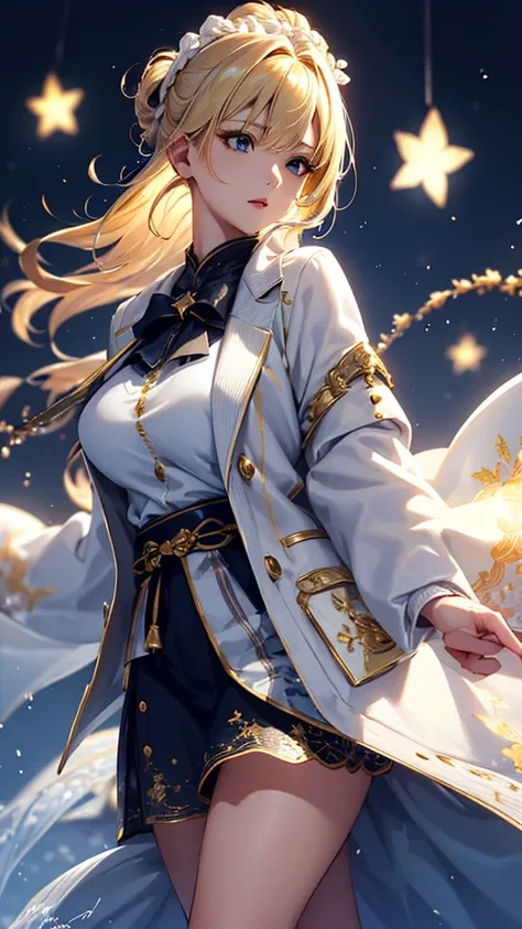 masterpiece,      High Quality     , 4K, Beautiful design, blonde， 非常に詳細な夜の     starry sky     , Illuminations，    amazing,     delicate details,  Very knowledgeable woman     , Highly detailed solo, 1 female,Big Breasts，Stole，   white jacket  ，sweater，   ...