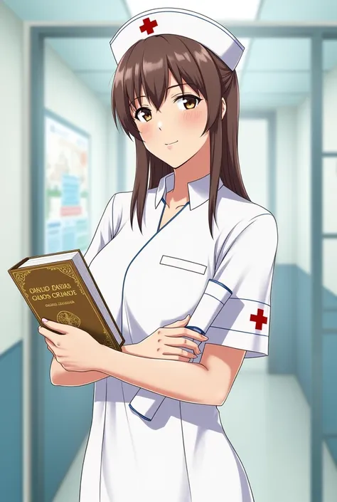 An illustration of Dorothea in her nurses uniform, with a book and a diploma. 
