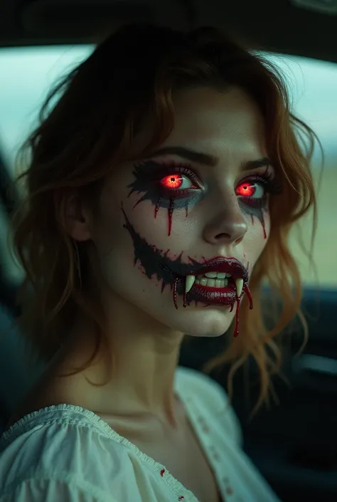 Inside the car, the woman suddenly transforms, her face morphing into a gorgeous brunette monster with glowing red eyes and sharp fangs, shocking Messi.