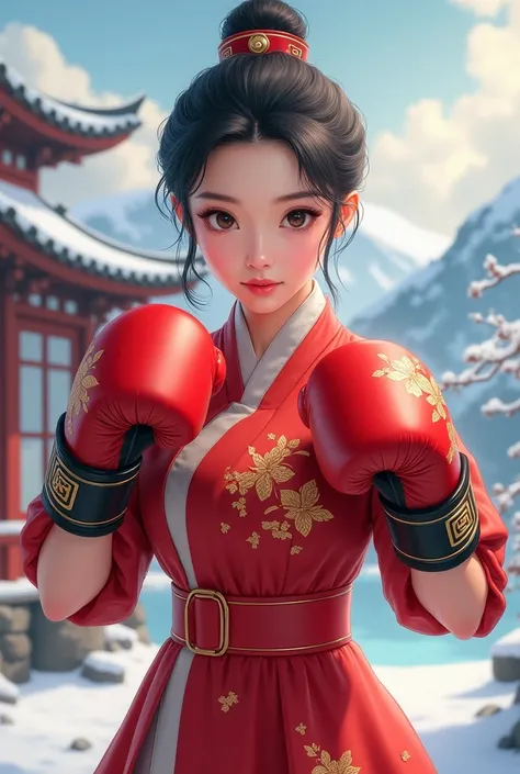 Beautiful Korean anime girl wearing boxing gloves for the new year