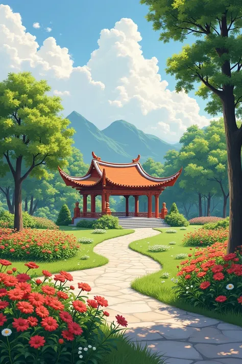 Generate "Kan Taw Gyi park with flowers for its 100 anniversary" in painting style 