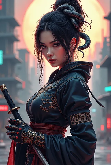 a painting of a woman with a sword and a snake, very beautiful cyberpunk samurai, female samurai, by Yang J, pinup. lord of daggers, she is holding a katana sword, japanese goddess, demon samurai, katana, cyberpunk geisha, inspired by Kanō Hōgai, japanese ...