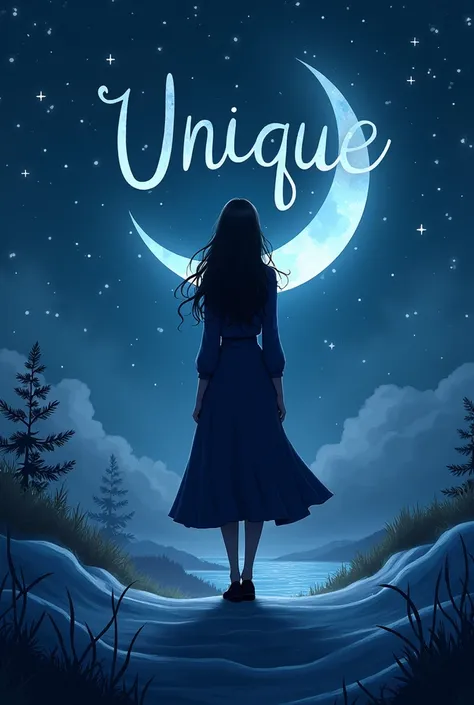 Créer une image de photo de profil dun podcast logo qui sappellera unique. Dans le thème bleu nuit, mature, en style animation, et sans autre écriture que le nom unique dessus, aucun autre mot. Et avec une lune, et de la neige aussi, et une fille de dos à ...