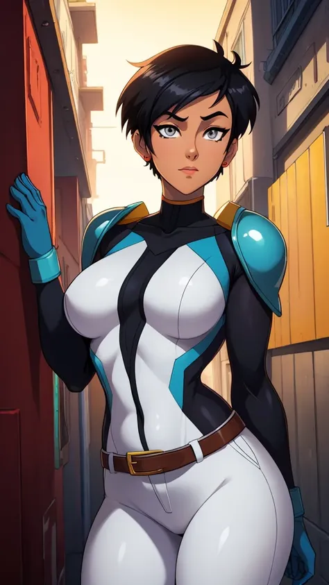 straight-on,pose,looking at viewer,solo, BREAK,
CARTOON_rogue_costume_ownwaifu, www.ownwaifu.com,
Lois Lane, black hair, bobcut hairstyle short hair, makeup, lipstick, hair between eyes, breasts, grey eyes, publack lips,  eyeshadow, nose, medium breasts, s...