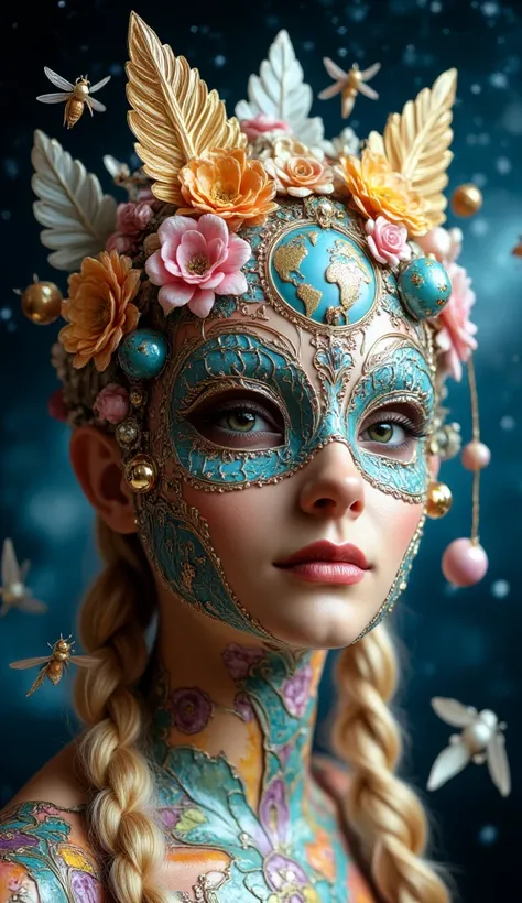 3D mask with various ordinary objects on it,blonde hair with pointed ends,texture, intricate, ornate, shadow, soft colors, 3D, mask, very detailed, decorative style, Tim Burton, Salvador Dali, Xiaolong Cheng, Cyril Rolando, inspired by J. D. Lariat, 3D ste...