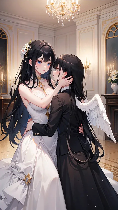 in a ballroom with sparkling chandeliers、 A young lady with long black hair and blue eyes appears.、Invite another young lady to dance 。  Both are attracted to each other 。  One young lady has long black hair ， Wearing beautiful dresses ,Jewels sparkle 。  A...