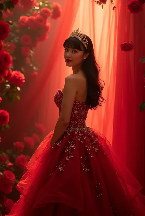 A real photo of a beautiful Filipina woman with regal beauty (slim but curvy), with a classy hairstyle with fringe and a golden tiara, wearing a luxurious beautiful floral red ball gown with studs, standing sideways, dramatic pose, facing and looking at th...