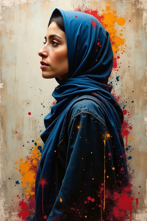 Abstract painting of a Muslim woman on a rough canvas with splashes of colorful paint.