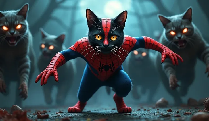  a  cat wearing spider Man uniform protecting a lady cat at creepy night and zombies around them