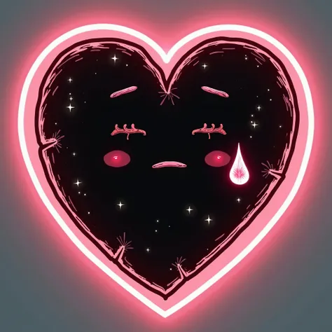  A sad, simple black cartoon drawing of a heart with cracks and a tear falling from it, Low Neon glow behind it, Text inside saying (Mioe)