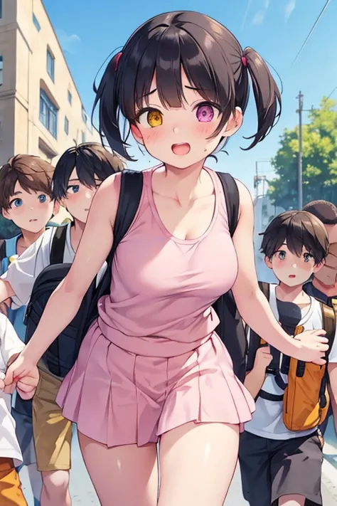 (ultra-detailed, master piece, best quality, high resolution, beautiful hair, beautiful eyes, expressive eyes, perfect face, perfect and correct human anatomy),
Crowded streets with elementary school ren, school road, block wall,
short cut, short hair, hig...