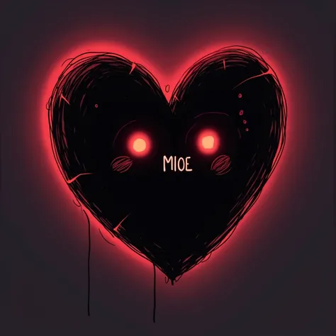  A sad, simple black cartoon drawing of a heart with cracks and a tear falling from it, Low Neon glow behind it, Text inside saying (Mioe)