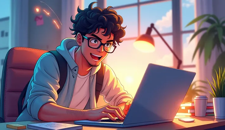 A Japanese anime-style illustration of a handsome young man with curly, permed hair and glasses, passionately typing on a keyboard with dynamic energy. His posture leans forward as his fingers fly across the keys, with dramatic motion lines emphasizing the...