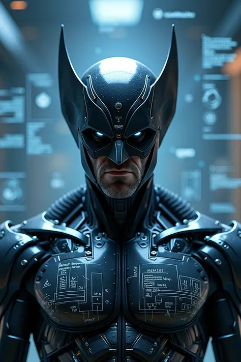 (masterpiece:1.2,Exceptional Quality,mirror-like,Cinematic Experience,Photorealistic:2.0,RAW Photos:2.0,Super detailed),8k,wallpaper,(Representing blueprints through holograms:2.0),(Wolverine:2.0),Wolverine Cyborg,(Design of a Cyborg:2.0),(Draw the front v...