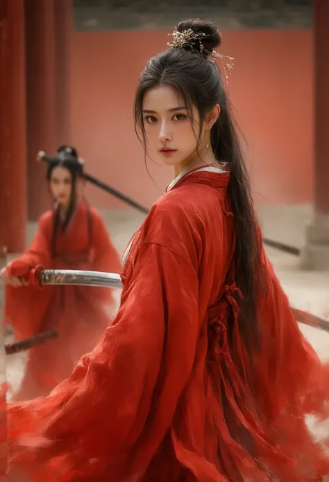 arafed woman in a red kimono with a sword, she is holding a katana sword, palace ， a girl in hanfu, hanfu, she is holding a sword, ornate korean polearm behind her, beautiful character painting, alice x. zhang, inspired by Wu Bin, holding a sword on her sh...