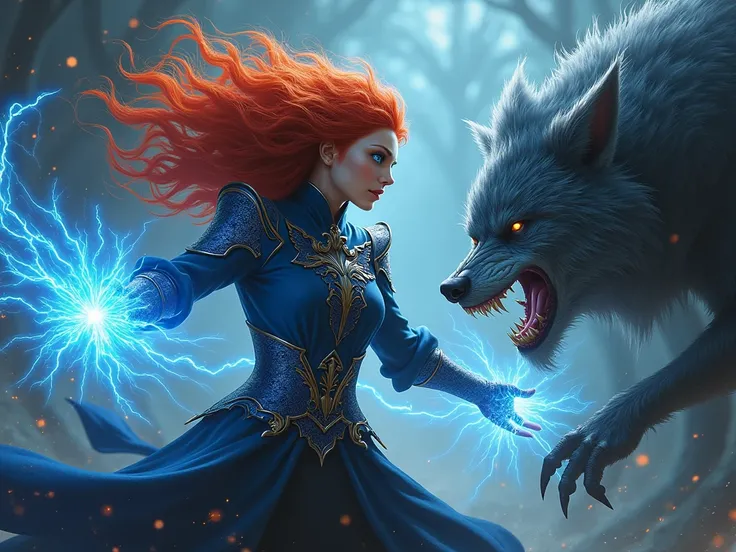 a crazy ginger sorceress blasting spells at a werewolf, red hair, blue eyes. 