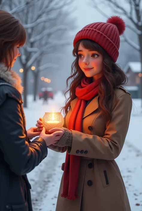  snowy roads .   Mia  (red woolen hat ,  brown loose hair , brauner Trenchcoat)  receives a candle in a glass as a gift from a woman.