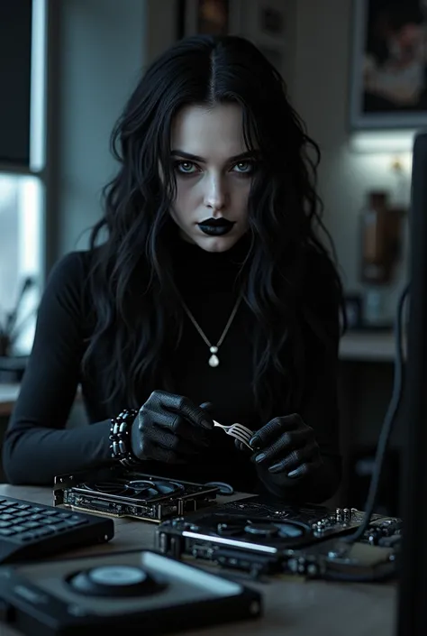 A 20-year-old Goth woman with black hair, black lips, black nails, and dressed in black, is assembling a desktop computer system unit. In her hand is a fork, on the table is a video card (GPU).