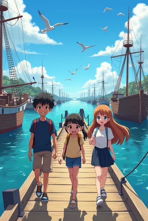 Anime un garçon 12 ans cheuveux noir yeux bleu avec son ami avec la peau noir 12 ans cheuveux noir yeux marron avec une fille 12 ans cheuveux châtain clair yeux bleu ils se baladais sur un le quai dun port avec des bateau a côté 