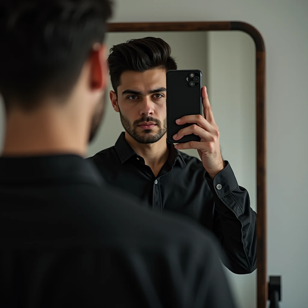 Man wearing black pent shirt taking mirror selfie 