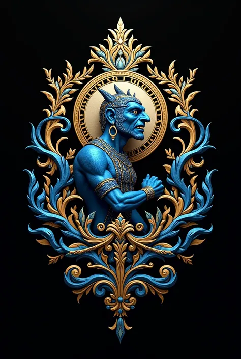 The detailed and intricately designed graphics feature the Shadow Puppet character, GATOT KACA, in bright blue and gold. The design combines Javanese-inspired ornate motifs, flowing lines, and a circular emblem in the center with text that reads "WIJAYA KU...