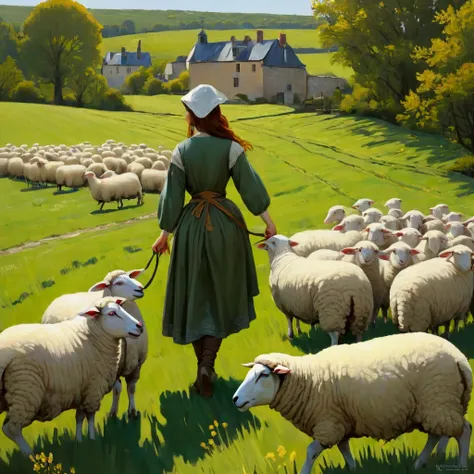 Medieval French rural landscape ， A young couple herding sheep in a rolling field，Delicate face 、 beautiful eyes 、 flowing hair、Romantic atmosphere、 intricate fabric costume、 lush green meadows ，Golden wheat fields，Traditional stone house ， Highly detailed...