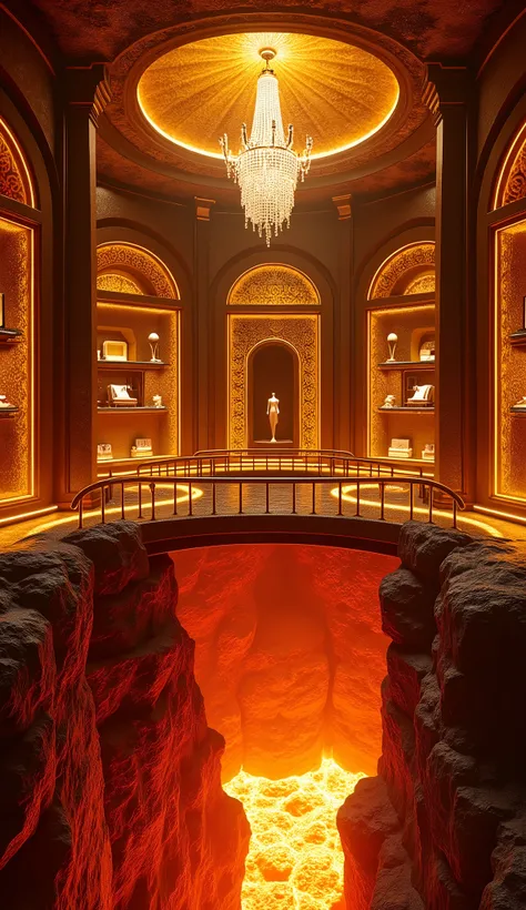 The interior of a boutique hidden inside an active volcano, inspired by Versace aesthetics. A golden bridge stretches over glowing lava, leading to the entrance of a luxurious circular showroom. The walls are illuminated by the red glow of molten lava, con...