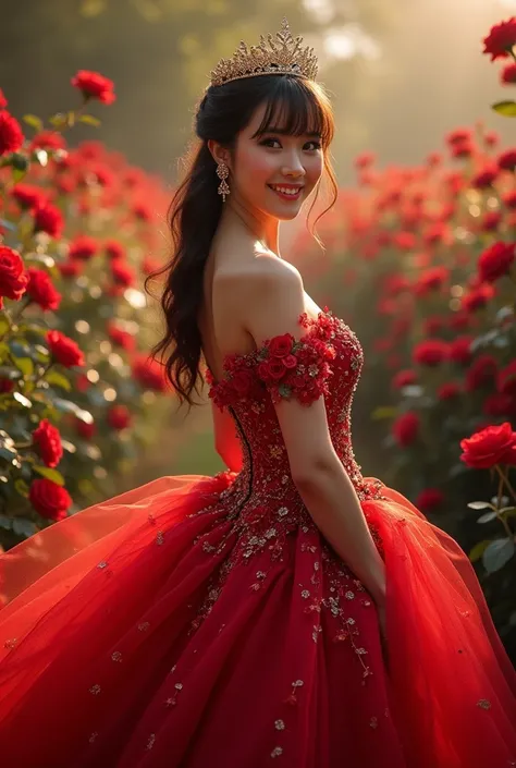 A real photo of a beautiful Filipina woman with regal beauty (slim but curvy) (fair and light skin), with a classy hairstyle with fringe and a golden tiara, wearing a luxurious beautiful floral red ball gown with studs, standing sideways, dramatic pose, fa...