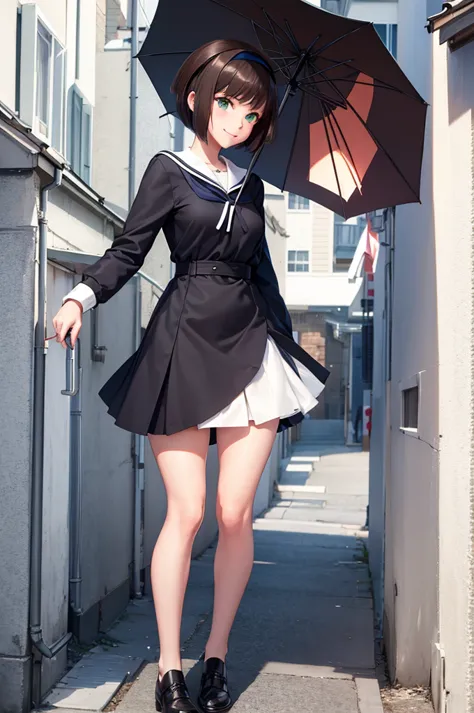 a sexy animated girl with umbrella and short skirt while standing outside house, 1girl, green eyes, umbrella, outdoors, gloves, ...