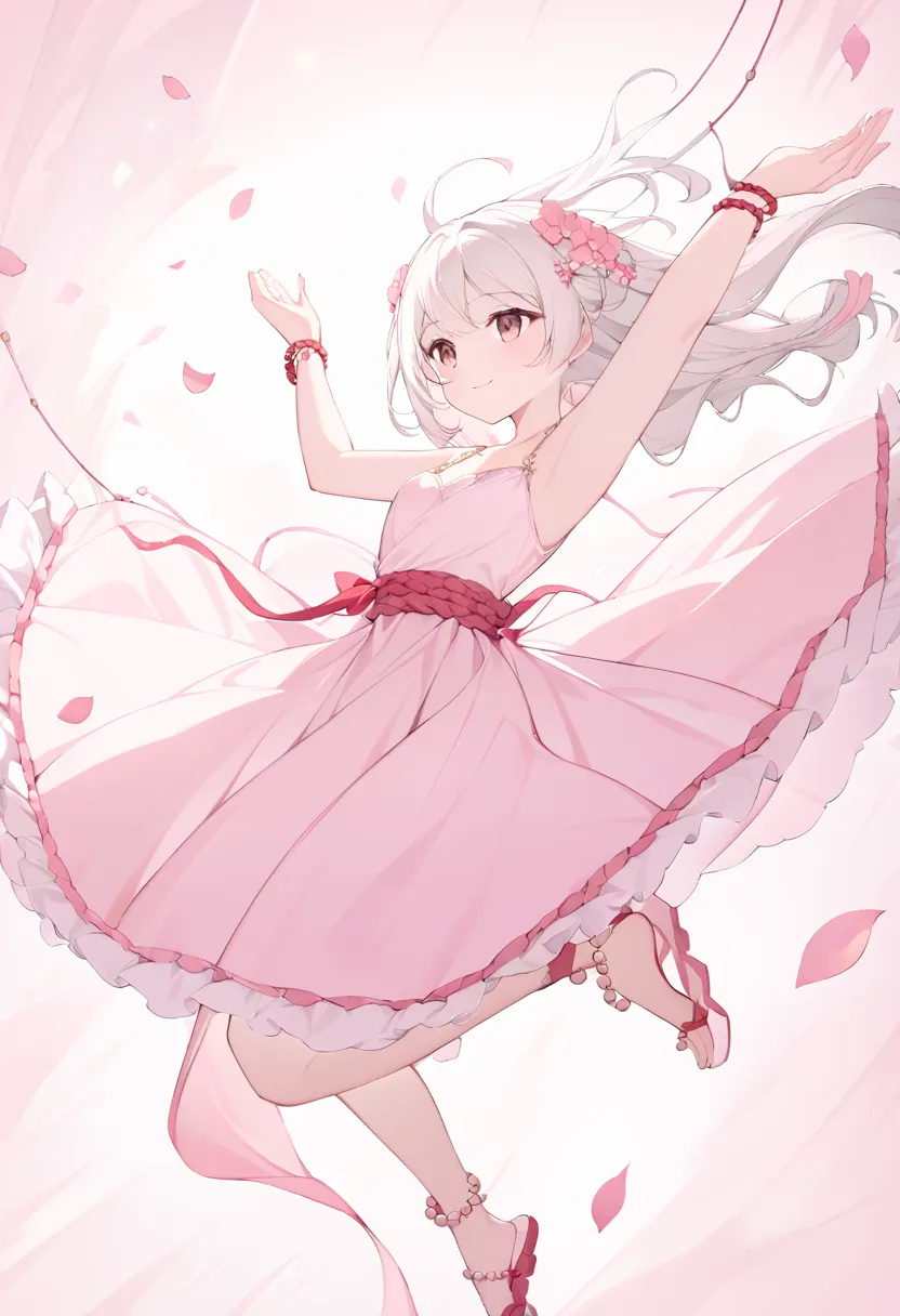 ((around her feet are pink petals)) beautiful dancing girl, with brown eyes((happy)) holding a string instrument wooden chain of...