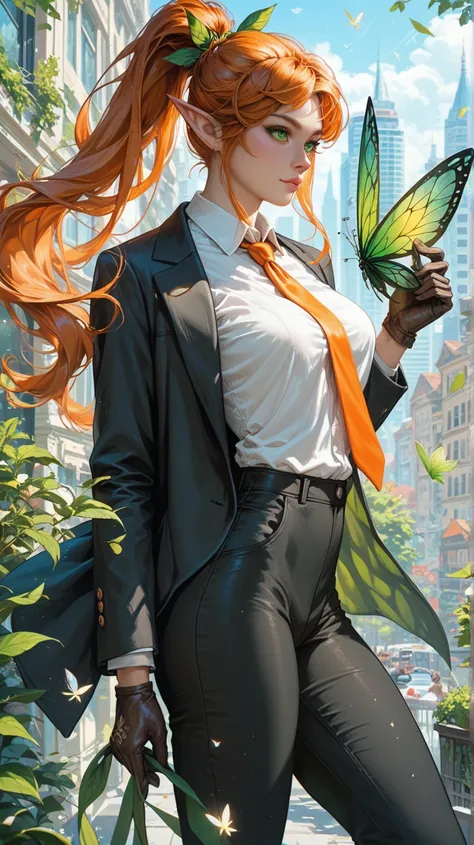 score_9, score_8_up, score_7_up, score_6_up, 1woman, orange hair, long hair, ponytail, green eyes, elf ears, fairy wings, black suit, white shirt, orange tie, black pants, gloves, city