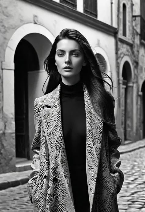 Create an artistic masterpiece in the spirit of Helmut Newton, a captivating monochrome photograph of a 25-year-old woman in the cobblestone streets of an ancient city. Her long, flowing hair cascades down her shoulders as she stands confidently, clad in a...