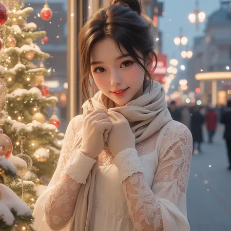 Ultra high resolution, ultra high quality. A stunning 20-year-old Japanese woman with a youthful and kawaii charm, standing in front of a dreamy and softly glowing Christmas show window. The show window is adorned with spectacular Christmas decorations, in...