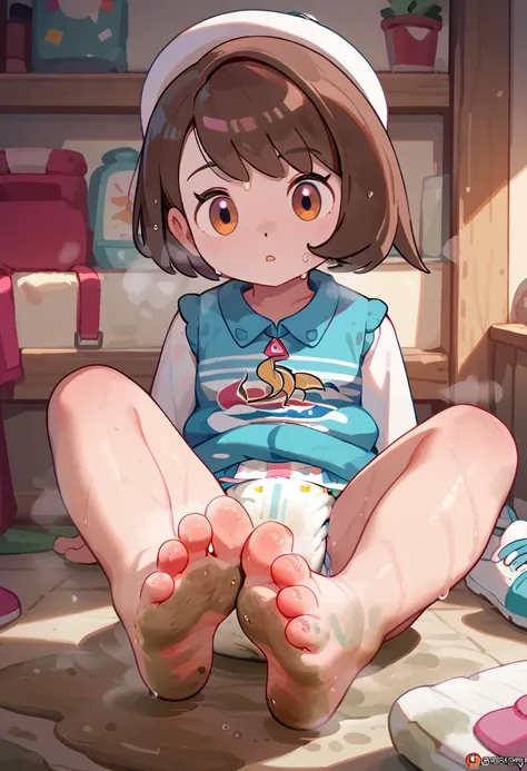 masterpiece, best quality, highres, gloria as a toddler, girl sitting, wet diaper, very cute, adorable, curious, barefoot sole, foot focus, dirt, smelly, stinky, steamy, sweaty