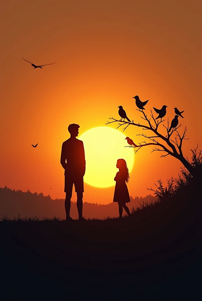  Make a book cover , Let it be with a sunset ,  you can see the silhouette of birds sitting on a branch and the last of them is in the middle of the sun that is setting,  below there is a silhouette of a young man looking from afar at a girl , The silhouet...