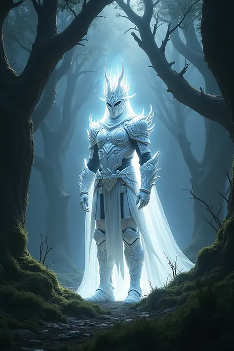 Make a cosmic armor white knight man in the darkest forest